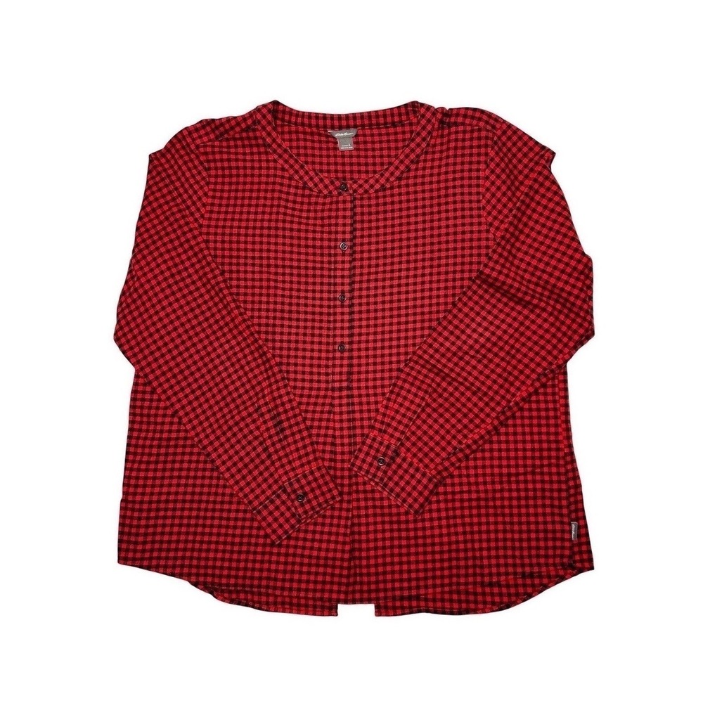 Eddie‎ Bauer Red Checkered Henley Banded Collar Casual Women L 100% Cotton Cozy